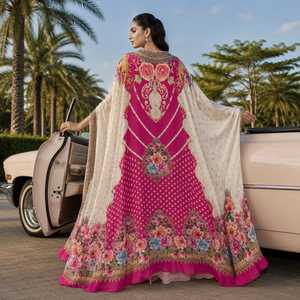 Floral Printed Cotton <b>Cape</b> Dress Set <b>Women</b> Elegant Ethnic Partywear Designer Longline Outfit Islamic Embroidery Quick One Set - Product Image 4