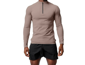 Men's Long Sleeve Stand Collar Quarter <b>Zip</b> Solid Color Quick Dry Slim Fit Sporty Casual <b>Shirt</b> Beige Full Sleeve Knitted - Product Image 3