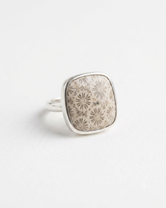 Natural Fossil Coral 925 Sterling Silver Handmade Cushion Shape Floral Adjustable Gemstone <b>Ring</b> for Women - Product Image 1
