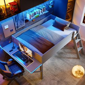 Letto a soppalco in legno per gaming con scrivania e LED, finitura grigia - Product Image 2