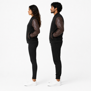 Veste universitaire unisexe noire avec manches en cuir PU marron, coupe classique, col rabattu, fermeture boutonnée, vêtement décontracté pour l'automne - Product Image 3