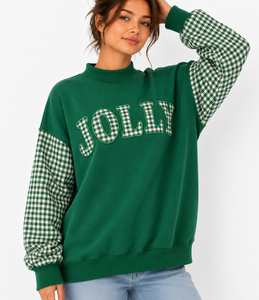 Sudadera personalizada para mujer con cuello simulado, mangas con patchwork de guinga, letras bordadas y apliques, estilo holgado, fabricante - Product Image 6