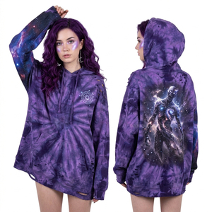 Sweat-shirt personnalisé pour femme, style vintage, à capuche, motif crâne et constellations galactiques, violet foncé, délavé à l'acide, imprimé étoiles, esthétique céleste - Product Image 3