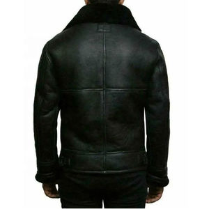 Chaqueta Bomber de Cuero de Oveja Negra para Hombre, Talla Grande, Cierre de Cremallera, Cuello con Ribete de Piel y Forro de Borrego, para Invierno, Motociclistas - Product Image 2