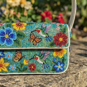 Cream Yellow Orange Red and Blue Tropical Fruit Beaded Handbag Exotic Dragon Fruit Papaya Shoulder Bag Party BY MULTI CRAFT - Product Image 4