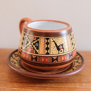 Handmade Terracotta <b>Tea</b> Cup and Saucer <b>Set</b> Vintage Embossed Ceramic Drinkware for Home Office <b>Party</b> - Product Image 4