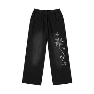 Pantalones de Mujer de Primera Calidad con Estampado de Diamantes de Imitación, Corte Bootcut, Efecto Desgastado por el Sol, Cintura Elástica, Lavado Ácido - Product Image 1