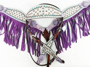 Collarín y Pechopetral de Cuero Genuino Suave Natural con Cuentas de Cristal Blanco y Flores, Estilo Western, para Caballo, con Logotipo Personalizado - Product Image 1