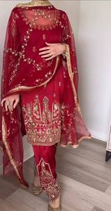 Conjunto de Vestido de Novia Indio-Pakistaní Rojo Bordado, Salwar Kameez Dupatta de Seda Crepé Natural, Largo hasta el Tobillo, para Mujer - Product Image 3