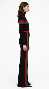 Conjunto de Dos Piezas de Punto 100% Algodón para Mujer, Top de Cuello Alto y Pantalones Anchos con Rayas Rojas y Verdes, Antiarrugas, Corte Holgado - Product Image 4