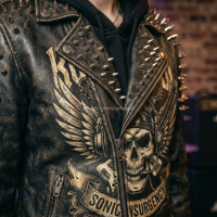 Veste de motard en cuir Rockstar DJ Sonic Insurgency Rebellion Tour 24 avec clous et chaînes, manteau moto à capuche pour femme