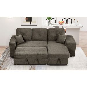 Divano letto angolare a L estraibile reversibile con mensola laterale e 2 sgabelli, divano letto componibile reversibile con contenitore - Product Image 1