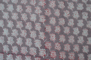 Hand Block Printed Cotton Fabric Grey <b>Red</b> Floral Buti Print Indian Handmade Soft Cotton Dress <b>Material</b> - Product Image 3