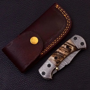 Cuchillo Plegable Recto de Damasco Hecho a Mano, Grado Industrial, Táctico, para Camping, Caza, EDC, Mango de Cuerno, Punta Caída - Product Image 4