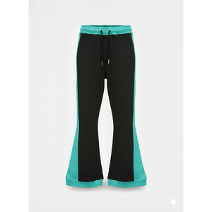 Pantalones deportivos de mujer personalizados, estilo jogger, con bloques de color verde azulado y negro, de corte acampanado y pierna ancha, holgados, de forro polar, nuevos - Product Image 1