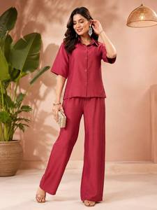 Conjunto de Camisa y Pantalones Casuales de Algodón Color Granate para Mujer, Corte Holgado, Largo Regular, para Todas las Temporadas, Estilo India-Pakistán - Product Image 1