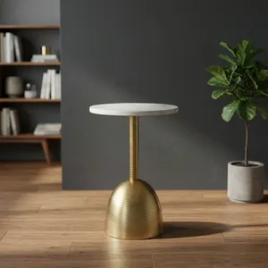 Modern <b>Round</b> White Marble Top Side <b>Table</b> with Brushed <b>Gold</b> Metal Pedestal Base Contemporary Accent Furniture for Living Room - Product Image 5