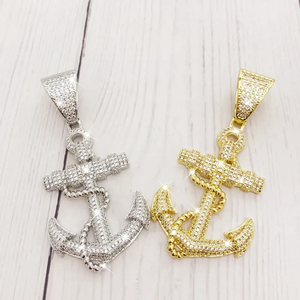 Collier Pendentif Hip Hop Ancres Bling Glacées CZ, Breloque Marin Nautique, Chaîne Maille Cubaine Or Argent, Bijoux Rapper Homme Femme - Product Image 6