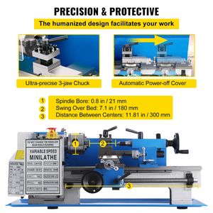 Tornio di Precisione Mini in Metallo 7x12'' 400W, Velocità Variabile 2250RPM, Manuale Orizzontale, Foro Mandrino 80mm, 220V - Product Image 5