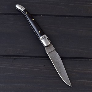 Couteau pliant de poche Damas fait main sur mesure, pointe tombante, manche en corne noire, verrouillage arrière, couteaux de chasse EDC pour l'extérieur, vente en gros USA UE - Product Image 5
