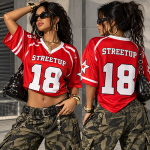 Trendy Women's Summer Fashion Streetwear Custom Number Print T Shirt Casual Loose V-neck Polyester Mesh American <b>Football</b> <b>Jersey</b> - Product Image 2