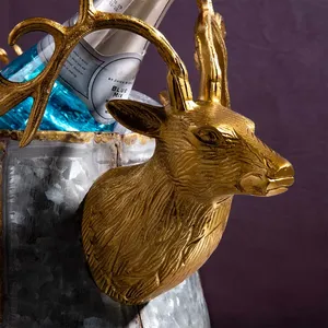 Seau à glace argenté avec têtes de cerf dorées et poignées en bois de cerf, refroidisseur décoratif pour vin et champagne, idéal pour la maison, les bars, les mariages et les événements - Product Image 4