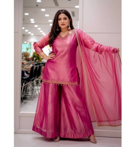 Designer Fancy Silk Kurti with Plazzo and Dupatta 5mm <b>Sequins</b> Embroidery Zari Work Fancy Lace Border Indian Ethnic Wear - Product Image 1