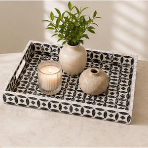 Wholesale Geometric <b>Decorative</b> Tray Black and White <b>Moroccan</b> Bone Inlay Coffee Table Ottoman Tray with Cutout Handles - Product Image 6