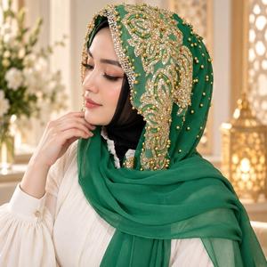 Hijab en soie brodé de fleurs orange, écharpe faite à la main, couvre-chef pour femmes, polyester extensible, forme carrée, broderie au point de croix - Product Image 2