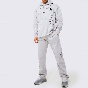 2026 Winter Plus Size Hooded Printed Men's Distressed Acid Wash Tracksuit 100% Cotton Customizable 2 in 1 Design - Product Image 1