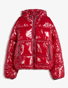 <b>Red</b> <b>Hooded</b> Puffer <b>Jacket</b> Solid Color Waterproof Zipper Closure Casual Winter Thick Polyester Regular Fit Short Length - Product Image 1