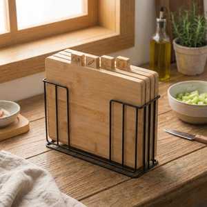 Bamboo Wooden Index Cutting Board Set of 4 Chopping Block with Groove Metal <b>Stand</b> Holder for Kitchen Bread Meat <b>Vegetables</b> Fish - Product Image 2