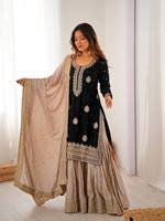 Conjunto de Dupatta de Seda Chinon Tradicional TENNECY con Lentejuelas y Perlas, Reversible y Sin Arrugas para Mujer - Ideal para Bodas y Fiestas