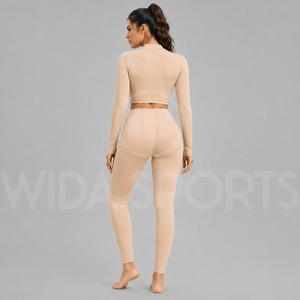 Ladies Activewear Set Long Sleeve Workout <b>Crop</b> <b>Top</b> High Waist Leggings Stretch Lightweight Solid Front Gym Fitness Training Yoga - Product Image 3