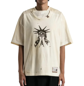 เสื้อยืดคอกลมทรงบ็อกซี่ แขนสั้น ผ้าฝ้ายวินเทจฟอกสี ย้อมสีแบบแอซิดวอช แต่งขอบดิบ ขาดๆ แบบดิสเทรส สำหรับผู้ชาย ขายดี - Product Image 1