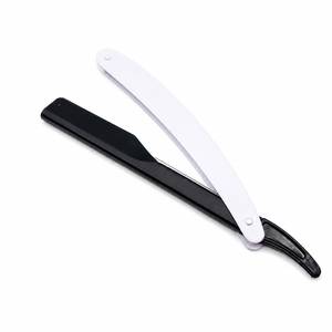 Rasoir droit professionnel pliant en acier inoxydable pour hommes, blanc et noir, lame simple apparente, logo personnalisé, pour barbier, utilisation humide - Product Image 1