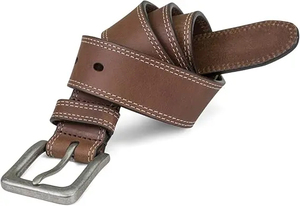Men's Genuine Cowhide Leather Casual <b>Belt</b> With Silver Rectangular Pin Buckle Solid Brown Durable Design - Product Image 2