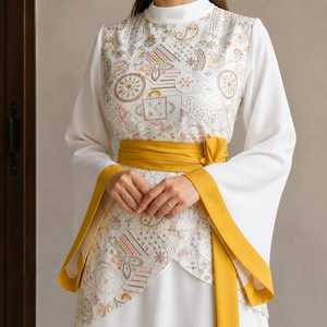 Vestido Maxi Blanco Modesto con Bordado a Mano, Transpirable, Antiarrugas, con Cinturón Color Mostaza, Elegante, de Manga Larga, Estilo Abaya Islámica - Product Image 4