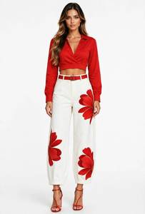 Women Red V Neck Long Sleeve Crop <b>Top</b> <b>White</b> Floral Pants 2 Piece <b>Set</b> - Product Image 6
