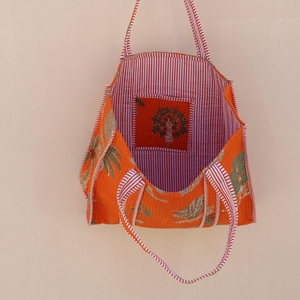 Premium Orange Quilted 100% Cotton <b>Medium</b> Size Tote <b>Bag</b> Long Handle Nature-Inspired Print Lightweight Travel Shopping <b>Bag</b> - Product Image 3