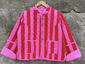Pink Striped Quilted <b>Women</b> Jacket Reversible Horn Button Autumn Winter <b>Coat</b> Thick Breathable Regular Length - Product Image 1