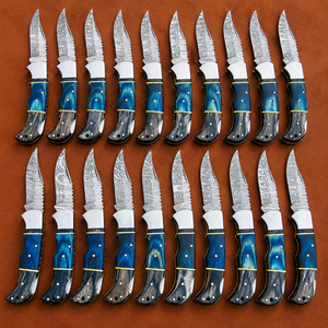 มีดพับเหล็กดามัสกัส SAZ ENTERPRISES ด้ามไม้สีน้ำเงิน ผลิตด้วยมือ สำหรับพกพา ล่าสัตว์ ตั้งแคมป์ เอาตัวรอด ขนาด 7 นิ้ว - Product Image 6