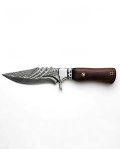 Couteau utilitaire d'extérieur artisanal à lame fixe robuste en acier Damas, manche en bois de rose foncé - Product Image 5