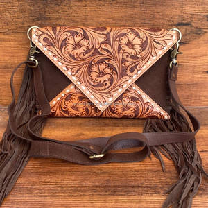New Design Hand Tooled Suede Leather Fringe Crossbody Bag Women's Multifunctional Envelope Bag Genuine Leather Clutch <b>Handbags</b> - Product Image 5