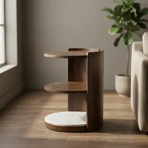 <b>Modern</b> Round Wood Side Table with Marble Base and Storage <b>Shelf</b> Living Room Furniture with charging socket - Product Image 3