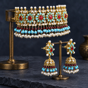 Wholesale Gold Plated Multicolor Kundan <b>Pearl</b> Choker Necklace Earrings <b>Set</b> Bridal Jewelry Bulk Order - Product Image 2