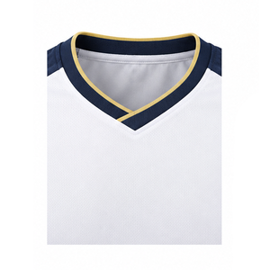 Maillot de football pour homme, blanc et bleu marine, à blocs de couleur, manches courtes, col en V, respirant, coupe athlétique, pour toutes les saisons - Product Image 5