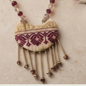 Traditional Muga Silk <b>Necklace</b> <b>Set</b> with Burgundy Textile Pendant and Matching Earrings | Handcrafted <b>Indian</b> Ethnic Jewellery - Product Image 2