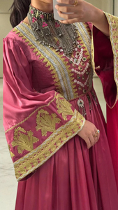 Afghan Woman Wearing Elegant Traditional Dress Shiny Royal Long Sleeves Neckline Featuring Hand Afghan Kuchi Dresses Women's - Product Image 5