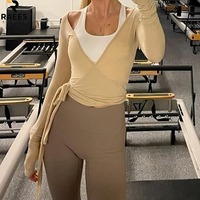 Haut de yoga croisé à nouer devant pour femme, manches longues, coupe courte, col en V, pour la gym, le ballet et le Pilates, vêtement de sport